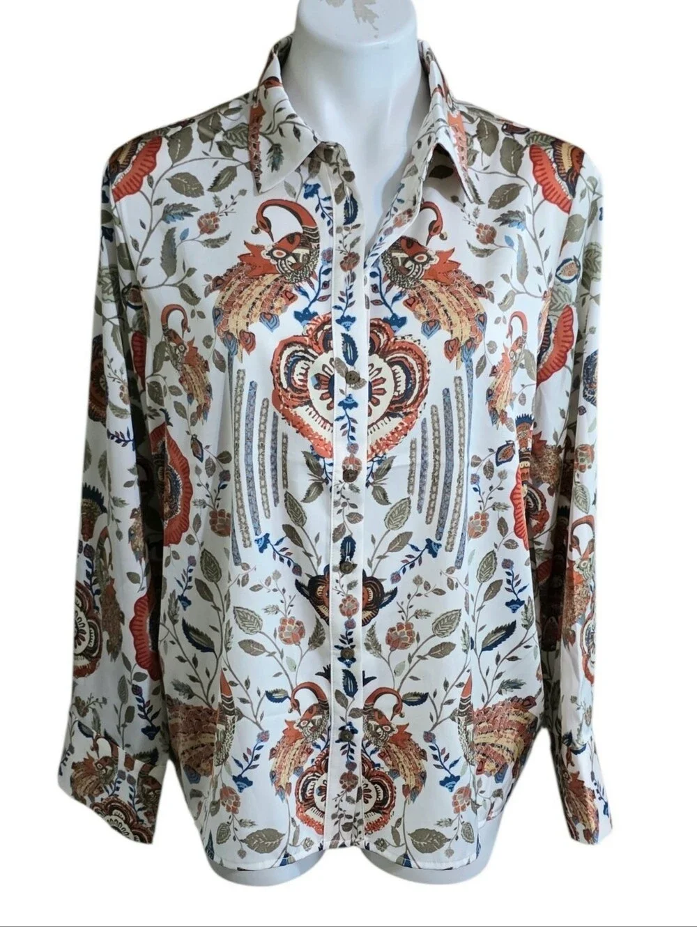 Rachel Zoe Button Down Peacock Print Blouse Cream Size L - Picture 2 of 11